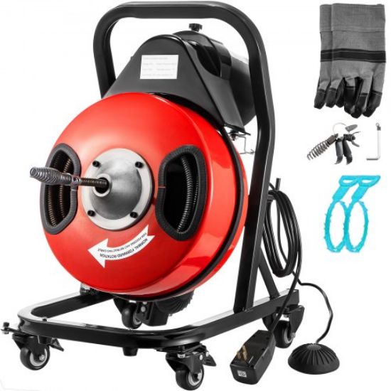 Picture of VEVOR 100FT x 3/8Inch Drain Cleaner Machine Auto Feed fit 1"(25mm) to 4"(100mm) Pipes 370W Open Drain Cleaning Machine Portable Electric Drain Auger with Cutters Glove Sewer Snake