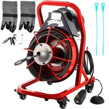 Picture of VEVOR 50FT x 1/2 Inch Drain Cleaning Machine, 250W Electric Drain Auger, Portable Sewer Snake Auger Cleaner with Cutters & Air-Activated Foot Switch for 1" to 4" Pipes, Black, Red