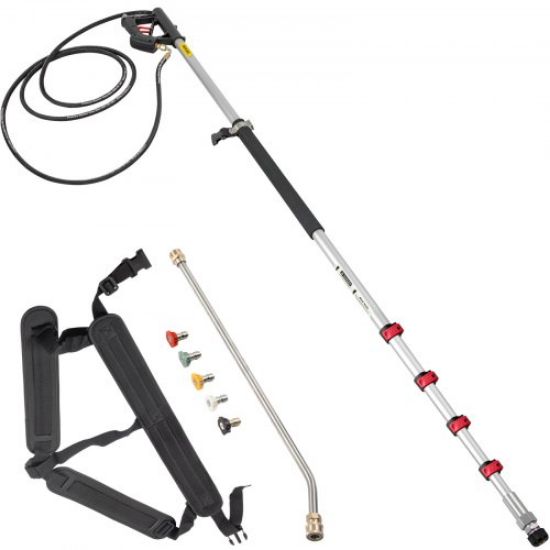 Picture of VEVOR Telescoping Pressure Washer Wand, 18ft Length Adjustable Power Washer Extension Wand, 4000PSI 9GPM Power Cleaning Tools w/ Strap Belt, 5 Nozzle Tips, 3/8'' & 1/4'' Quick Connectors, Silver/Black