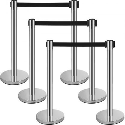 Picture of VEVOR Crowd Control Stanchion, 6-Pack Crowd Control Barrier, Carbon Steel Baking Painted Stanchion Queue Post with 6.6FT Retractable Belt & Fillable Base, Belt Barrier Line Divider, Easy Assembly