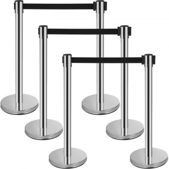 Picture of VEVOR Crowd Control Stanchion, 6-Pack Crowd Control Barrier, Carbon Steel Baking Painted Stanchion Queue Post with 6.6FT Retractable Belt & Fillable Base, Belt Barrier Line Divider, Easy Assembly