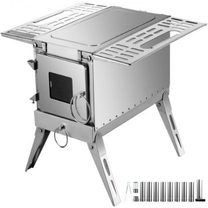 Picture of VEVOR Tent Wood Stove 17.5x14.7x10.6 inch, Camping Wood Stove 304 Stainless Steel With Folding Pipe, Portable Wood Stove 95.7 inch Total Height For Camping, Tent Heating, Hunting, Outdoor Cooking