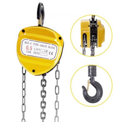 Picture of VEVOR Chain Hoist 1100lbs/0.5ton, Chain Block Hoist Manual Chain Hoist 10ft/3m Block Chain Hand Chain Lifting Hoist w/Two Hooks Chain Pulley Tackle Hoist Winch Lifting Pulling Equipment in Yellow