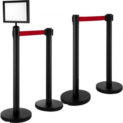 Picture of VEVOR Stanchion Post Barriers 4-Set Line Dividers, Stainless Steel Stanchions with 6.6 Red Retractable Belts, Stanchions with One Sign Frame, 34.6 Queue Safety Stanchions (Gold)