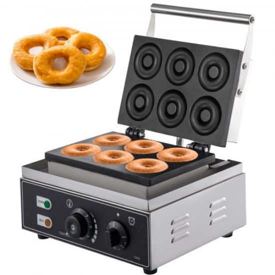 Picture of VEVOR 110V Commercial Waffle Donut Machine 6 Holes Double-Sided Heating 50-300℃, Electric Doughnut Maker 1550W, Non-stick Donut MakerTeflon-Coating for Professional Kitchen (Depth:0.55",Dia:2.95")