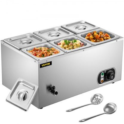 Picture of VEVOR 110V Commercial Food Warmer 4x1/4GN, 4-Pan Stainless Steel Bain Marie 14.8 Qt Capacity,1500W Steam Table 15cm/6inch Deep,Temp. Control 86-185, Electric Soup Warmer w/Lids & 2 Ladles