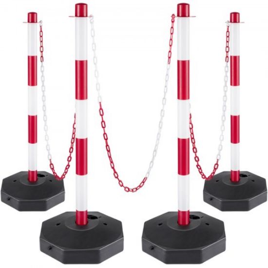 Picture of VEVOR Plastic Stanchion, 4pcs Chain Stanchion, Plastic Stanchion Kit w/ 32ft Chain 8 S-Hooks, PE Plastic White Stanchion for Warning/Crowd Control at Parking Lot, Construction Lot, Driveway Elevator