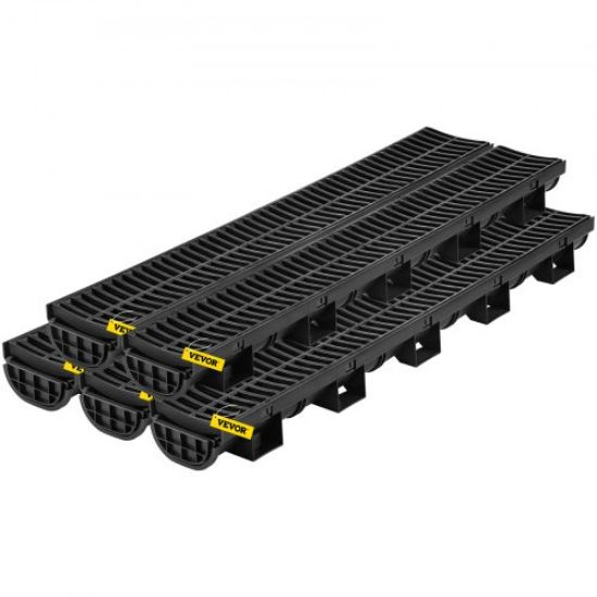 Picture of VEVOR Trench Drain System, Channel Drain with Metal Grate, 5.9x5.1-Inch HDPE Drainage Trench, Black Plastic Garage Floor Drain, 3x39 Trench Drain Grate, with 3 End Caps, for Garden, Driveway-3 Pack