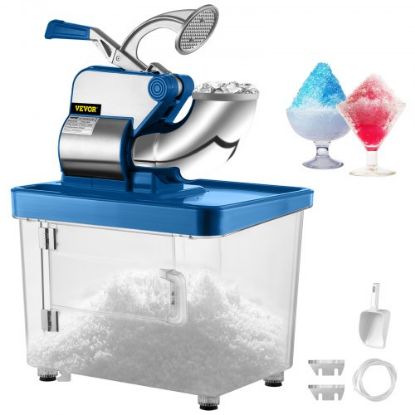 Picture of VEVOR Ice Shaver Machine Electric, Snow Cone Machine Commercial 265 LBS/H, Shaved Ice Machine w/Ice Hopper & Lid, 250W Ice Crusher w/Drain Pipe Tabletop Shaved Ice Maker w/Adjustable Fineness White