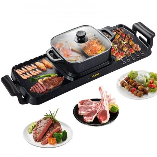 Picture of VEVOR 2 in 1 BBQ Grill and Hot Pot with Divider, Aluminum Alloy Electric BBQ Stove Hot Pot, Separate Dual Thermostat Teppanyaki Grill Pot with 5 Speed, for Family Dinner Friends Party Black