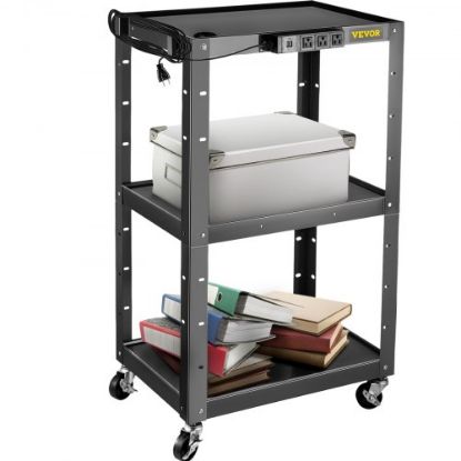 Picture of VEVOR AV Cart, 26 Inch Height Media Cart with Power Strip, 24 x 18" Presentation Cart with 2 Shelves, 4 Rolling Casters and 2 Locking Brakes, 150 lbs Heavy- Duty Av Cart Fit for Offices and Schools