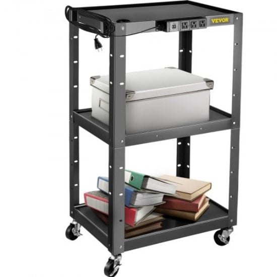 Picture of VEVOR Steel AV Cart, 24-42" Height Adjustable Media Cart with Electric Power Cord, 24 x 32" Presentation Cart with 3 shelves, 150 LBS Rolling Projector Cart with and 2 Brakes Suitable for load-bearing