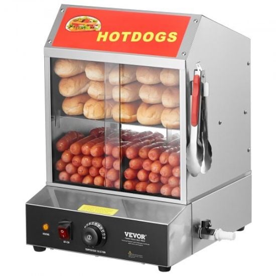 Picture of VEVOR Hot Dog Steamer, 27L/24.52Qt, 2-Tier Hut Steamer for 175 Hot Dogs & 40 Buns, Electric Bun Warmer Cooker with Tempered Glass Slide Doors Partition Plate Food Clip PTFE Tape, Stainless Steel