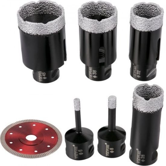 Picture of VEVOR Diamond Drill Bits 7PCS Diamond Hole Saw 20/27/35/55/68mmTile Hole Saw Kit Vacuum Brazed Diamond Drill Bit 0.59in/15mm Segment Tile Hole Saw w Storage Case for Tile Ceramic Porcelain Marble