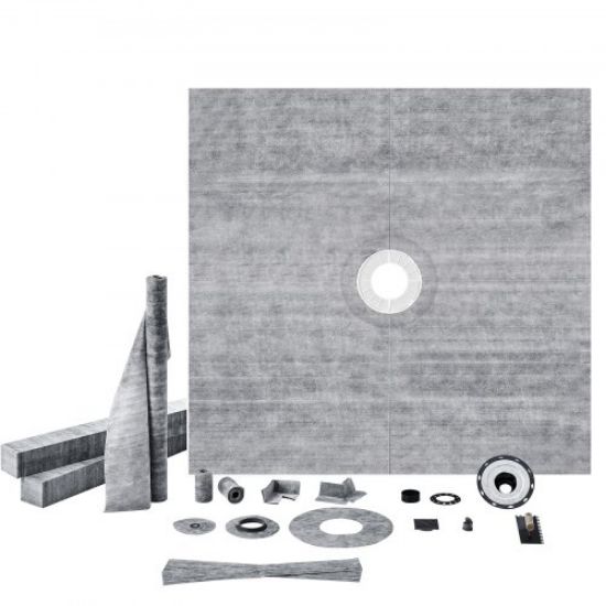 Picture of VEVOR Shower Curb Kit, 48"x48" Watertight Shower Curb Overlay with 4" PVC Central Bonding Flange, 4" Stainless Steel Grate, 2 Cuttable Shower Curb and Trowel, Shower Pan Slope Sticks Fit for Bathroom