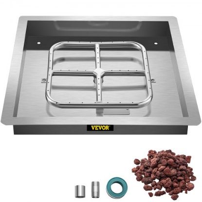 Picture of VEVOR Drop in Fire Pit Pan, 18" x 18" Square Fire Pit Burner, Stainless Steel Gas Fire Pan, Fire Pit Burner Pan w/ 1 Pack Volcanic Rock Fire Pit Insert w/ 90K BTU for Keeping Warm w/ Family & Friends