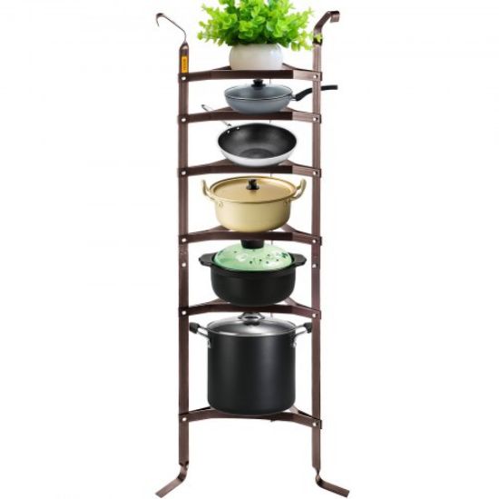 Picture of VEVOR 6-Tier Cookware Stand, Carbon Steel Multi-Layer Pot Rack, 61-inch Cookware Shelf, Bronze Cookware Storage Tower, Unassembled Kitchen Corner Shelf Rack for Pans, Pots, Baskets and Kettles Storage