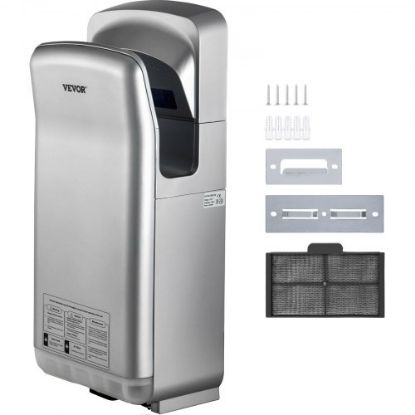 Picture of VEVOR Jet Hand Dryer, Premium Electric Commercial Blade Hand Dryer, ABS Air Dryer Hand with HEPA Filtration Wall Mount Hand Dryer, 1600W 110V Vertical Hand Dryer, High-Speed Automatic Infrared Silver