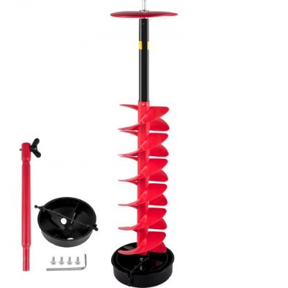 Picture of VEVOR Ice Drill Auger, 8" Diameter Nylon Ice Auger, 39" Length Ice Auger Bit,Auger Drill with 11.8" Extension Rod,Auger Bit w/Drill Adapter,Top Plate & Blade Guard for Ice Fishing Ice Burrowing Red