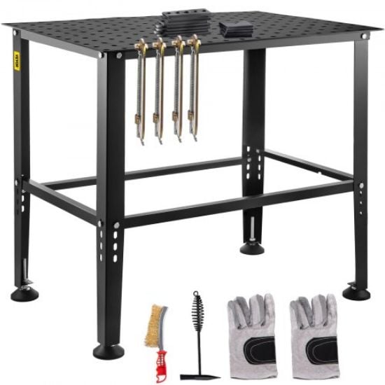 Picture of VEVOR Welding Table, 36" x 24" Adjustable Workbench, 0.12" Thick Industrial Workbench, 600lb Load Capacity Metal Workbench, Heavy Duty Carbon Steel Welding Table, Gray Steel Work Table w/ Accessories