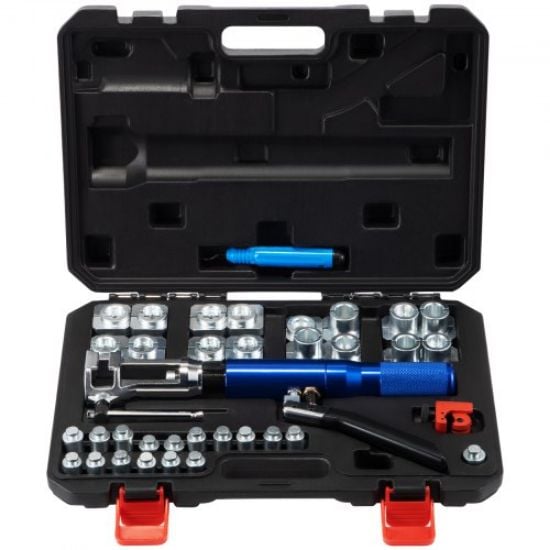 Picture of VEVOR Hydraulic Flaring Tool Kit, 45° Double Flaring Tool, Brake Repair Brake Flaring Tools for 3/16"-1/2", Brake Flare Tool with Tube Cutter and Deburrer, 32 PCS Tube Flaring Tools for Copper Lines