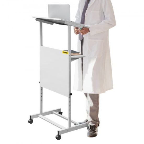 Picture of VEVOR Stand Up Lectern, Height Adjustment Portable Pulpit, Lectern Podium with 4 Rolling Casters, Lower Storage Shelf Floor Lectern Podium, White Lecterns & Podiums for Classroom, Concert, Church