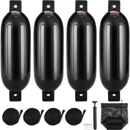 Picture of 4 NEW RIBBED BOAT FENDERS 10" x 28" BLACK CENTER HOLE BUMPERS MOORING PROTECTION