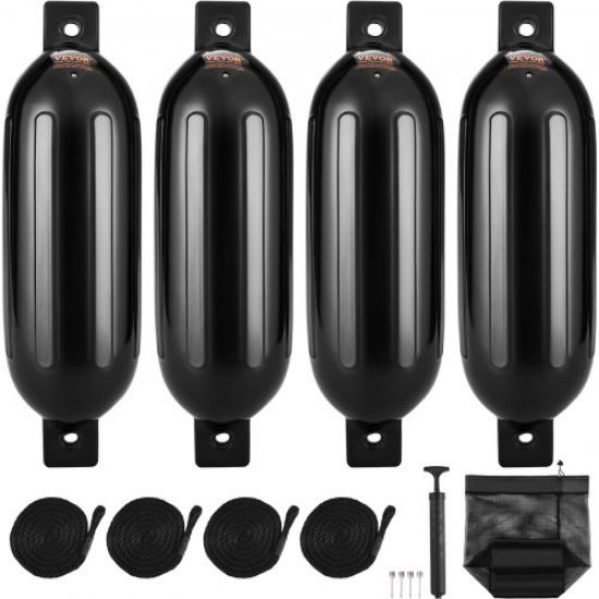 Picture of VEVOR Boat Fenders 10 x 28 inches, Vinyl Boat Fender Pack of 4, Ribbed Twin Eyes Boat Bumpers Black and Pump to Inflate