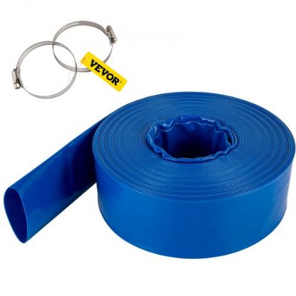 Picture of VEVOR Discharge Hose, 3" x 53', PVC Lay Flat Hose, Heavy Duty Backwash Drain Hose with Clamps, Weather-proof & Burst-proof, Ideal for Swimming Pool & Water Transfer, Blue