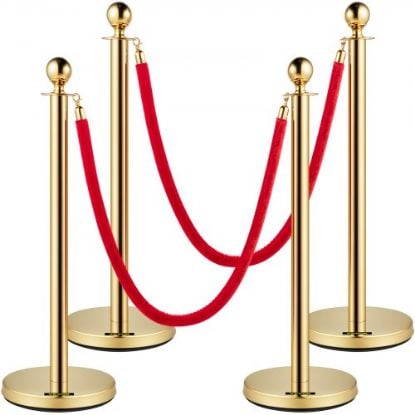 Picture of VEVOR Velvet Ropes and Posts, 5 ft/1.5 m Red Rope, Stainless Steel Gold Stanchion with Ball Top, Red Crowd Control Barrier Used for Theaters, Party, Wedding, Exhibition, Ticket Offices 2 Pack Sets