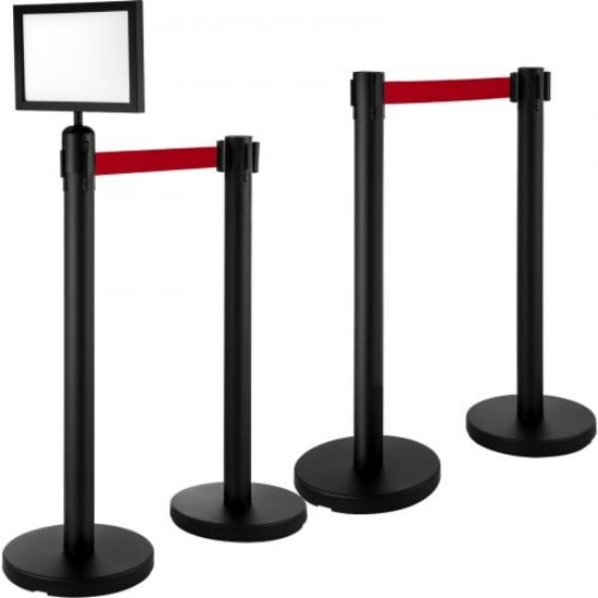 Picture of VEVOR Stanchion Post Barriers 4-Set Line Dividers, Stainless Steel Stanchions with 6.6 Black Retractable Belts, Stanchions with One Sign Frame, 34.6 Queue Safety Stanchions (Balck)