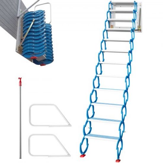 Picture of VEVOR Attic Steps Pull Down 12 Steps Attic Stairs Alloy Attic Access Ladder, White Pulldown Attic Stairs, Wall-mounted Folding Stairs for Attic, Retractable Attic Ladder with Armrests, 9.8 feet Height