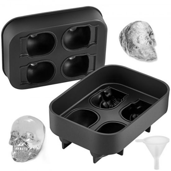 Picture of VEVOR Skull Ice Cube Tray, 4-Grid Skull Ice Ball Maker, Flexible Black Silicone Ice Tray with Lid & Funnel, Funny Skull Ice Cubes 1.6"x1.8" Each for Beverage, Chocolate, etc. on Parties & Holidays