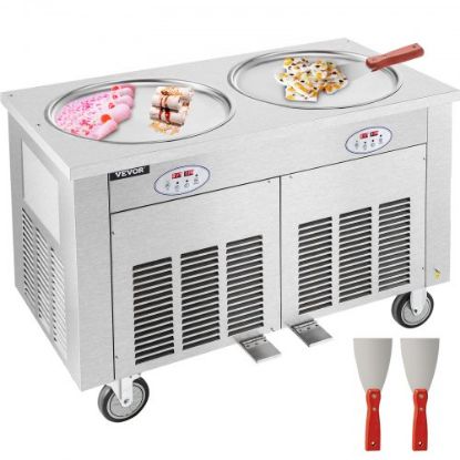 Picture of VEVOR Commercial Rolled Ice Cream Machine, 1800W Stir-Fried Ice Roll Machine Double Pans, Stainless Steel Ice Cream Roll Machine w/ 17.7" Round Pan, Yogurt Cream Machine for Bars Cafés Dessert Shops