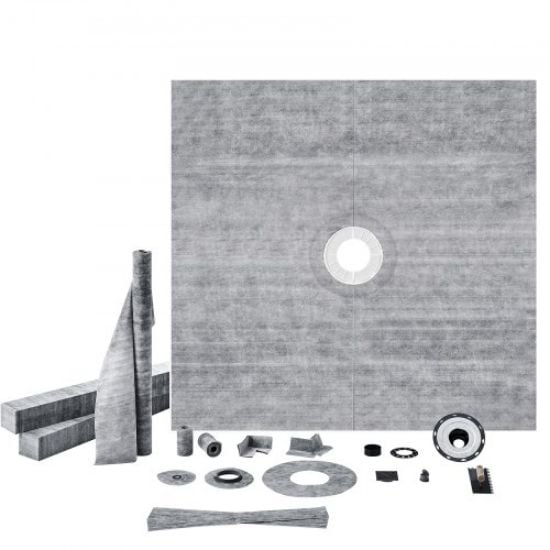 Picture of VEVOR Shower Curb Kit, 38"x60" Watertight Shower Curb Overlay with 4" ABS Central Bonding Flange, 4" Stainless Steel Grate, 2 Cuttable Shower Curb and Trowel, Shower Pan Slope Sticks Fit for Bathroom