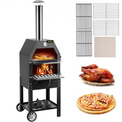 Picture of VEVOR Outdoor Pizza Oven, 12" Wood Fire Oven, 2-Layer Pizza Oven Wood Fired, Wood Burning Outdoor Pizza Oven with 2 Removable Wheels, 700℉ Max Temperature Wood Fired Pizza Maker Ovens for Barbecue