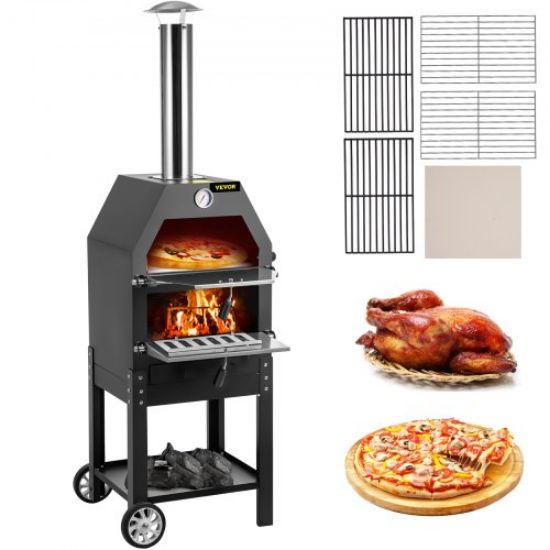 Picture of VEVOR Outdoor Pizza Oven, 12" Wood Fire Oven, 2-Layer Pizza Oven Wood Fired, Wood Burning Outdoor Pizza Oven with 2 Removable Wheels, 700℉ Max Temperature Wood Fired Pizza Maker Ovens for Barbecue