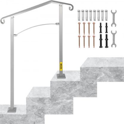 Picture of VEVOR Outdoor Stair Railing, Fit 2 or 3 Steps Alloy Metal Handrailing, Front Porch Flexible Transitional Handrail, Arch Step Rail with Installation Kit, for Concrete or Wooden Stairs, Silver