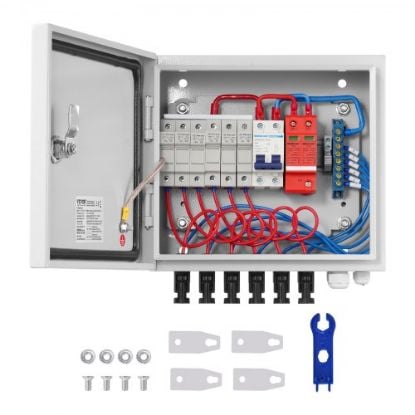 Picture of VEVOR PV Combiner Box, 4 String with 15A Rated Current Fuse, 63A Circuit Breaker, Lightning Arreste Connector for On/Off Grid Solar Panel System, IP65