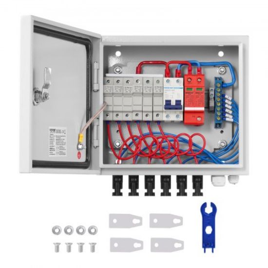 Picture of VEVOR PV Combiner Box, 4 String with 15A Rated Current Fuse, 63A Circuit Breaker, Lightning Arreste Connector for On/Off Grid Solar Panel System, IP65