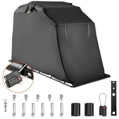 Picture of VEVOR Motorcycle Shelter, Waterproof Motorcycle Cover, Heavy Duty Motorcycle Shelter Shed, 600D Oxford Motorbike Shed Anti-UV, 133.9"x53.9"x76.8" Black Shelter Storage Garage Tent w/Lock & Weight Bag