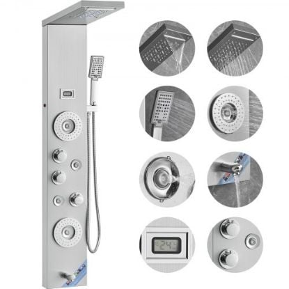 Picture of VEVOR 6 in 1 LED Shower Panel Tower System Rainfall and Mist Head Rain Massage Stainless Steel Shower Fixtures with Adjustable Body Jets