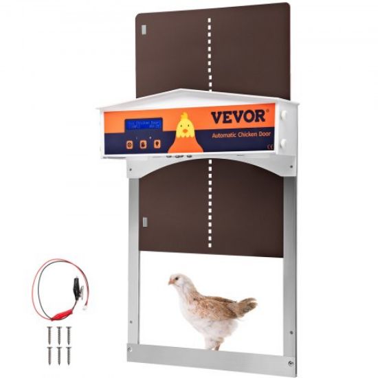 Picture of VEVOR Brown Automatic Chicken Coop Door, Auto Close, Gear Lifter Galvanized Poultry Gate with Evening and Morning Delayed Opening Timer & Light Sensor, Battery Powered LCD Screen, for Duck