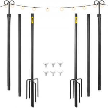 Picture of VEVOR String Light Poles, 2 Pack 9.7 FT, Outdoor Powder Coated Stainless Steel Lamp Post with Hooks to Hang Lantern and Flags, Decorate Garden, Backyard, Patio, Deck, for Party and Wedding, Black