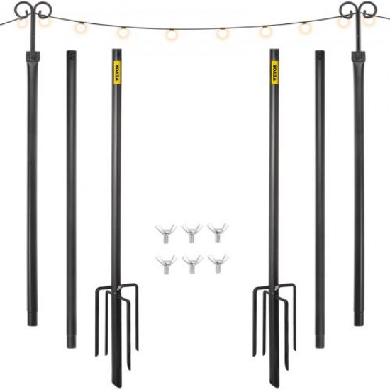 Picture of VEVOR String Light Poles, 2 Pack 9.7 FT, Outdoor Powder Coated Stainless Steel Lamp Post with Hooks to Hang Lantern and Flags, Decorate Garden, Backyard, Patio, Deck, for Party and Wedding, Black