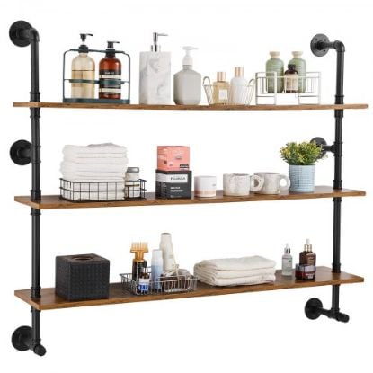 Picture of VEVOR Industrial Pipe Shelving, Pipe Shelves with 4-Tier Wood Planks, Rustic Floating Shelves Wall Mounted, Wall Shelf DIY Bookshelf for Bar Kitchen Bathroom Farmhouse Living Room, 51x25x9 inch