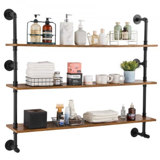 Picture of VEVOR Industrial Pipe Shelving, Pipe Shelves with 4-Tier Wood Planks, Rustic Floating Shelves Wall Mounted, Wall Shelf DIY Bookshelf for Bar Kitchen Bathroom Farmhouse Living Room, 51x25x9 inch