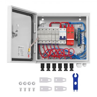 Picture of VEVOR PV Combiner Box, 6 String, Solar Combiner Box with 15A Rated Current Fuse, 125A Circuit Breaker, Lightning Arreste and Solar Connector, for On/Off Grid Solar Panel System, IP65 Waterproof