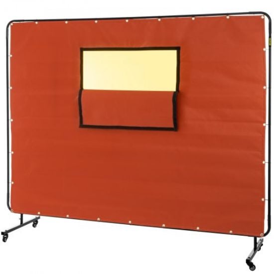 Picture of VEVOR Welding Curtain, 6' x 8', Welding Screen with Metal Frame & 4 Wheels, Fireproof Fiberglass w/Transparent Window, for Workshop, Industrial Site, Yellow