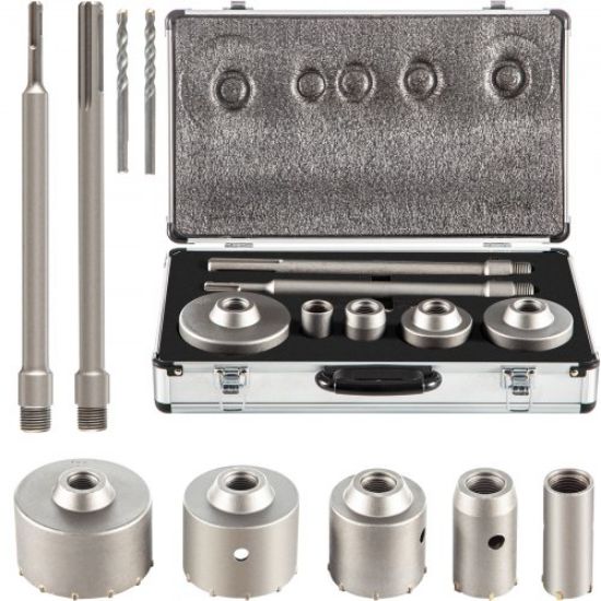 Picture of VEVOR Concrete Hole Saw Kit, 1-2/11", 1-3/5", 2-9/16", 3-5/32", 3-15/16" Drill Bit Set SDS Plus & SDS MAX Shank Wall Hole Cutter w/a 4-1/3" Connecting Rod for Concrete, Cement, Stone Wall, Masonry